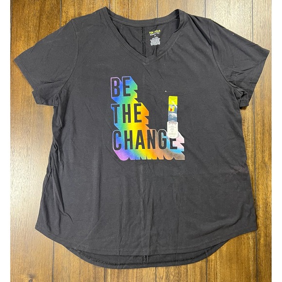tek gear Tops - Tek Gear Womens 1X Be The Change Rainbow Graphic V-Neck T-Shirt Black NWT